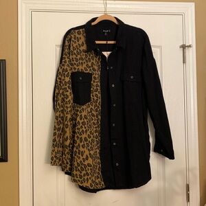 Half and Half Denim Button Down (Cheetah and Black)